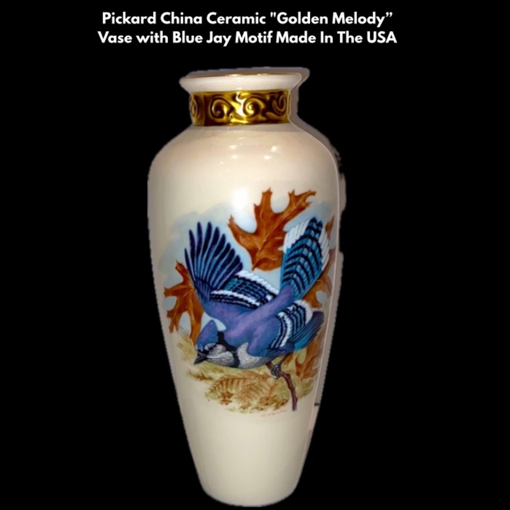 Pickard China Ceramic “Golden Melody” Vase with Blue Jay Motif Made In The USA